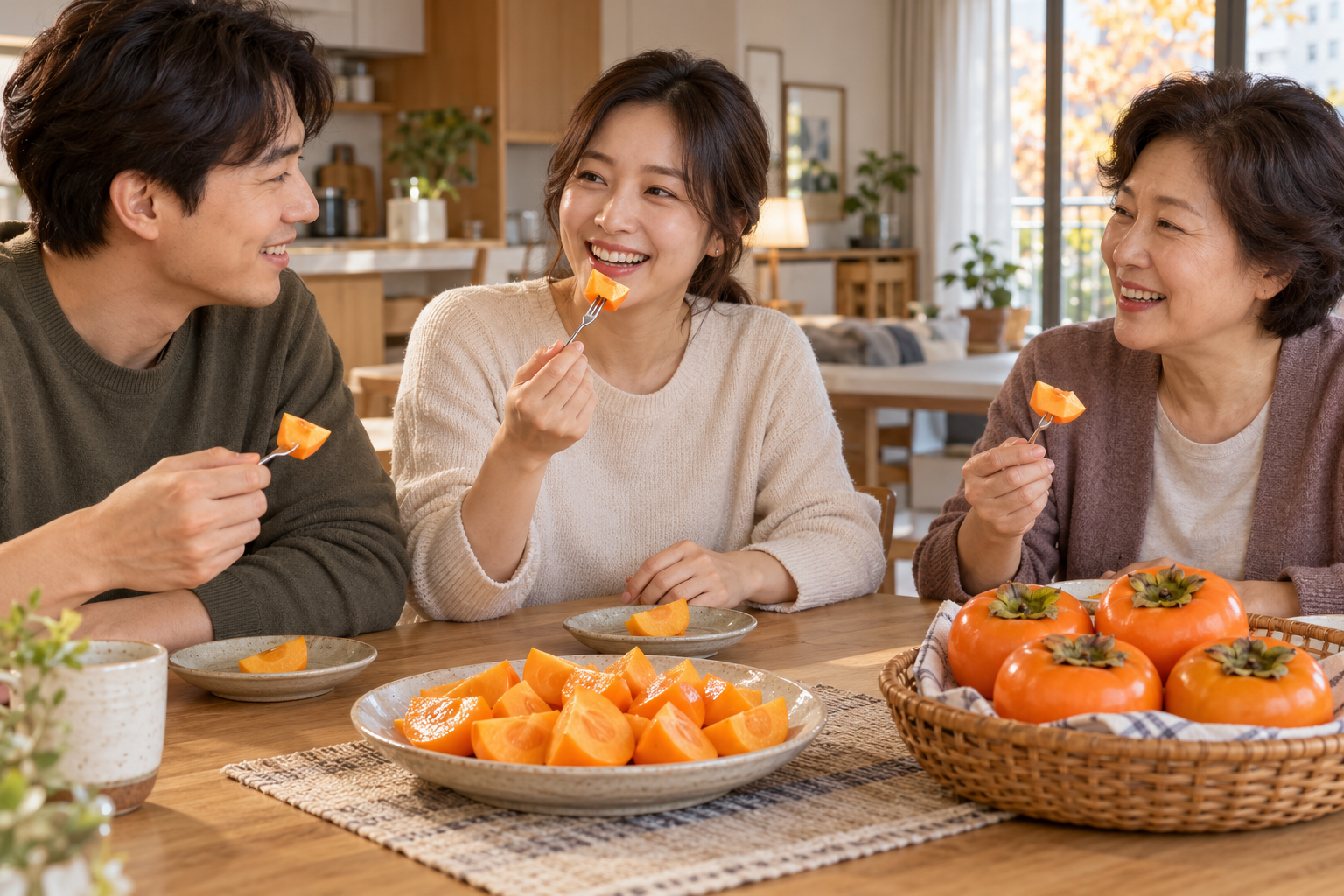 가족이 집 식탁에서 아삭한 단감을 나누어 먹는 가을 간식 시간