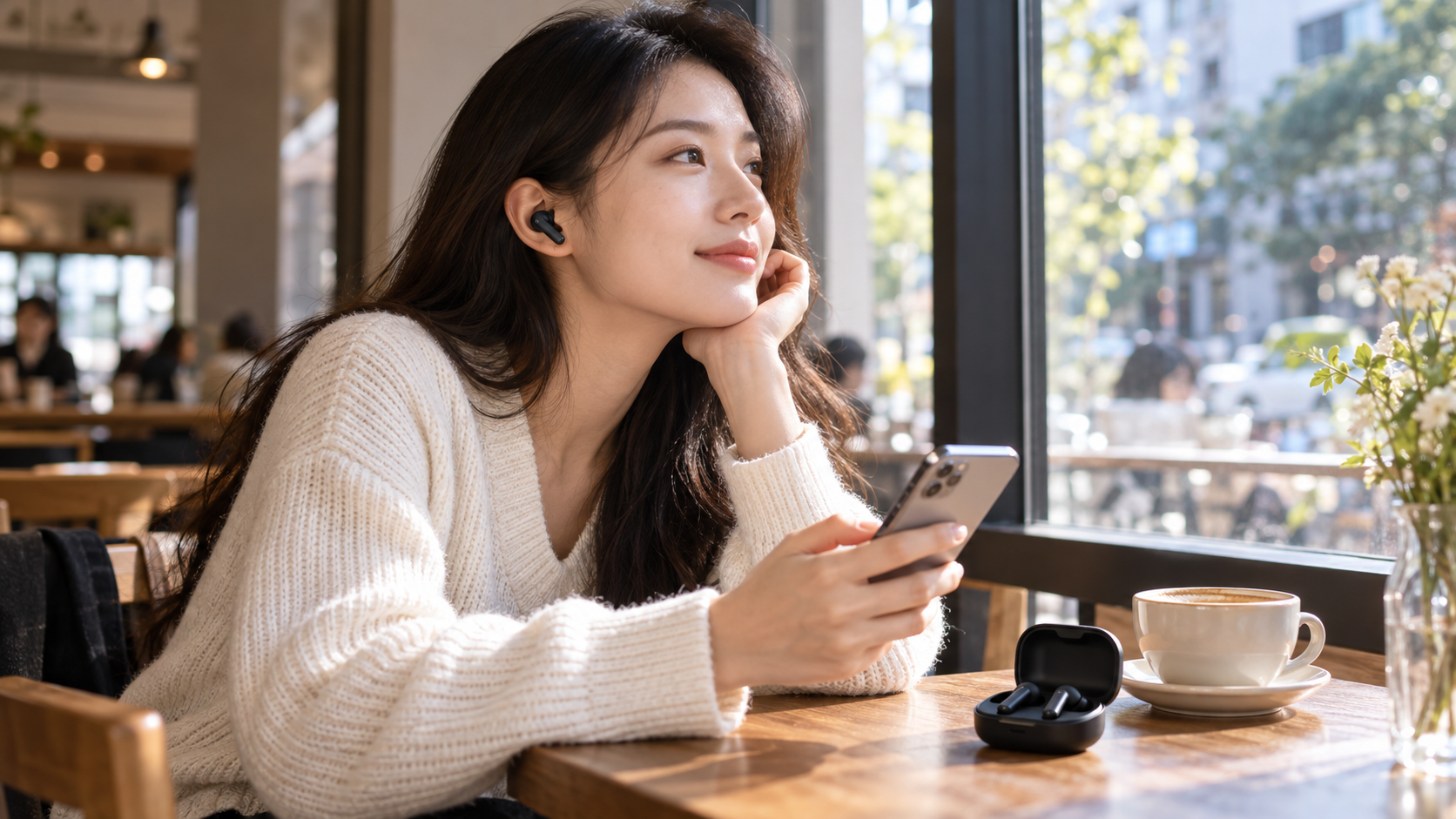 카페에서 무선 이어폰을 착용하고 스마트폰으로 음악을 듣는 여성의 AI 생성 이미지
