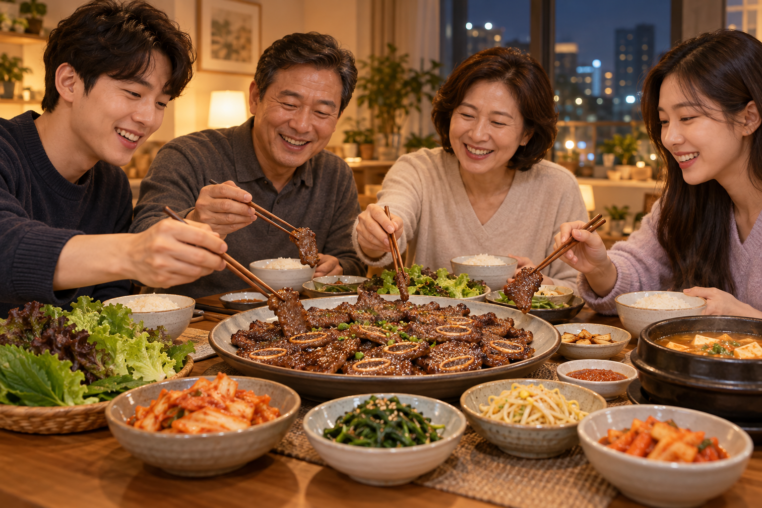 갈비 양념 재는법으로 준비한 LA갈비를 가족이 함께 먹는 저녁 식탁