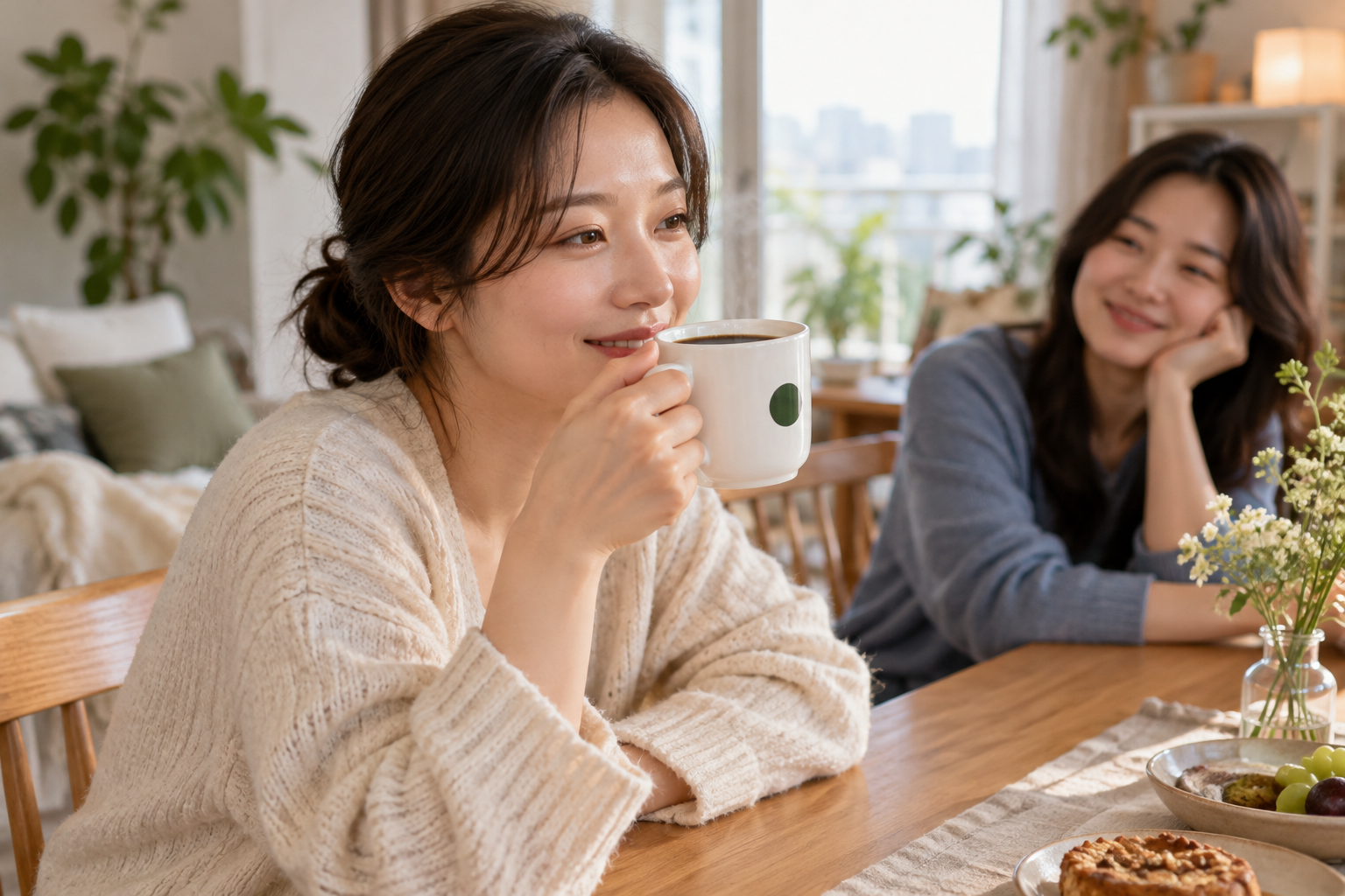 집들이 선물로 받은 커피 머그를 사용하며 미소 짓는 여성