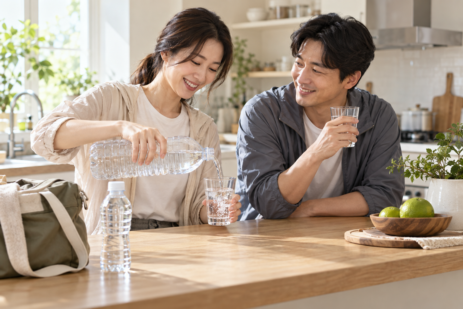 생수 추천 가이드: 집에서 물을 나누어 마시는 부부의 생활 장면