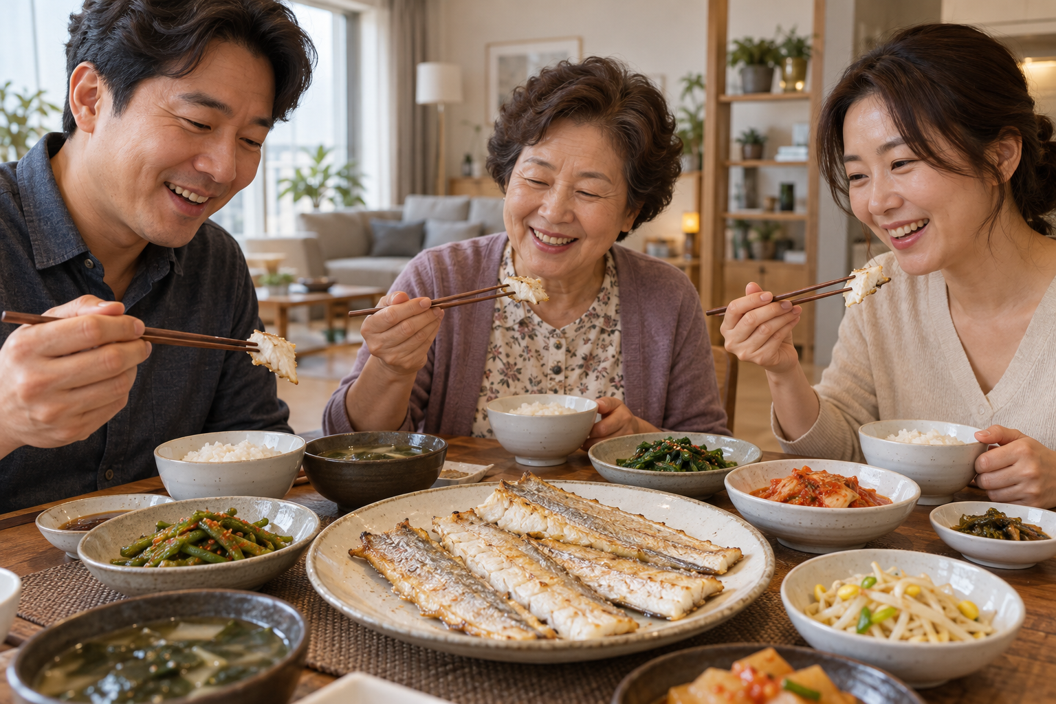 순살갈치 굽는법으로 준비한 갈치구이를 가족이 함께 먹는 식탁