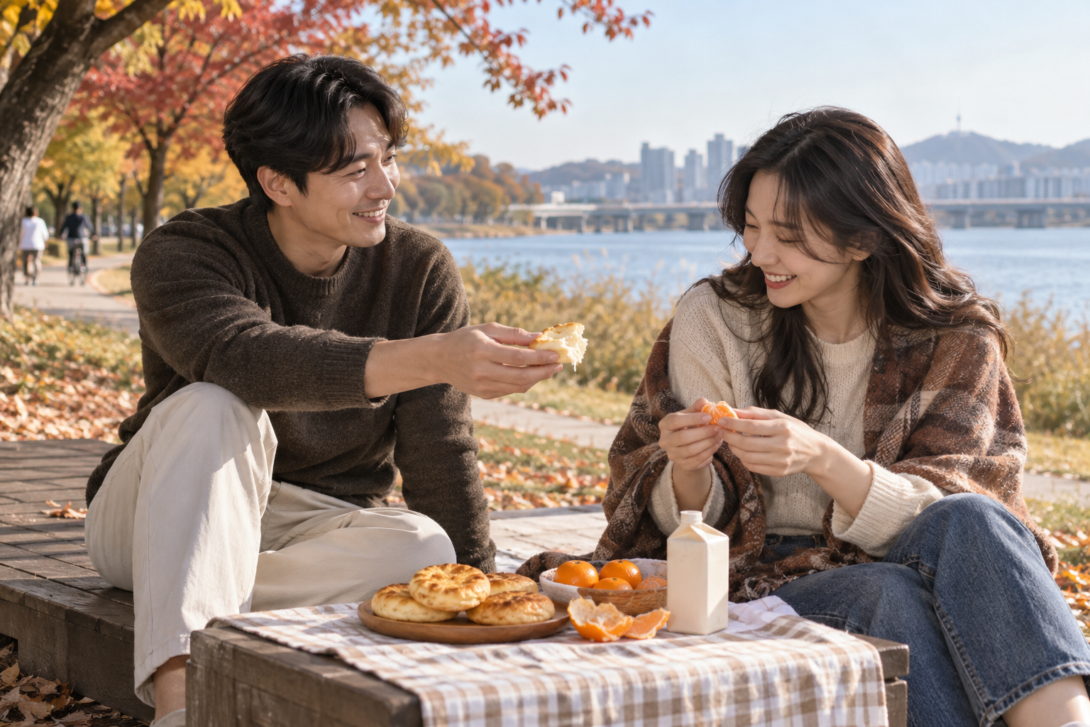 가을 강변 공원에서 감귤과 빵 간식을 나누어 먹는 두 사람
