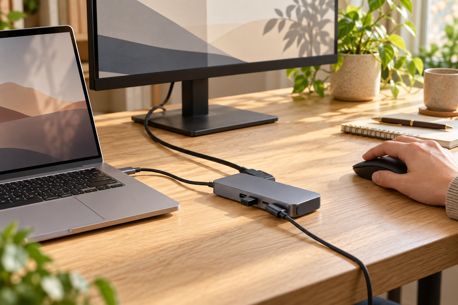 USB-C 허브로 노트북과 모니터를 연결한 책상 활용 예시